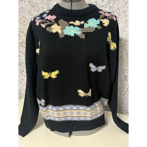 Vintage 80's Bramble Lane Sweater Black Butterfly Knit Cottage Core Size Medium